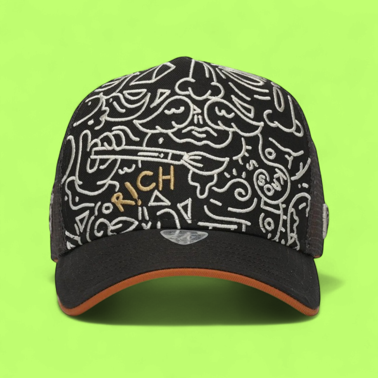 BLACK TRUCKER CAP WITH ABSTRACT WHITE EMBROIDERED PATTERNS