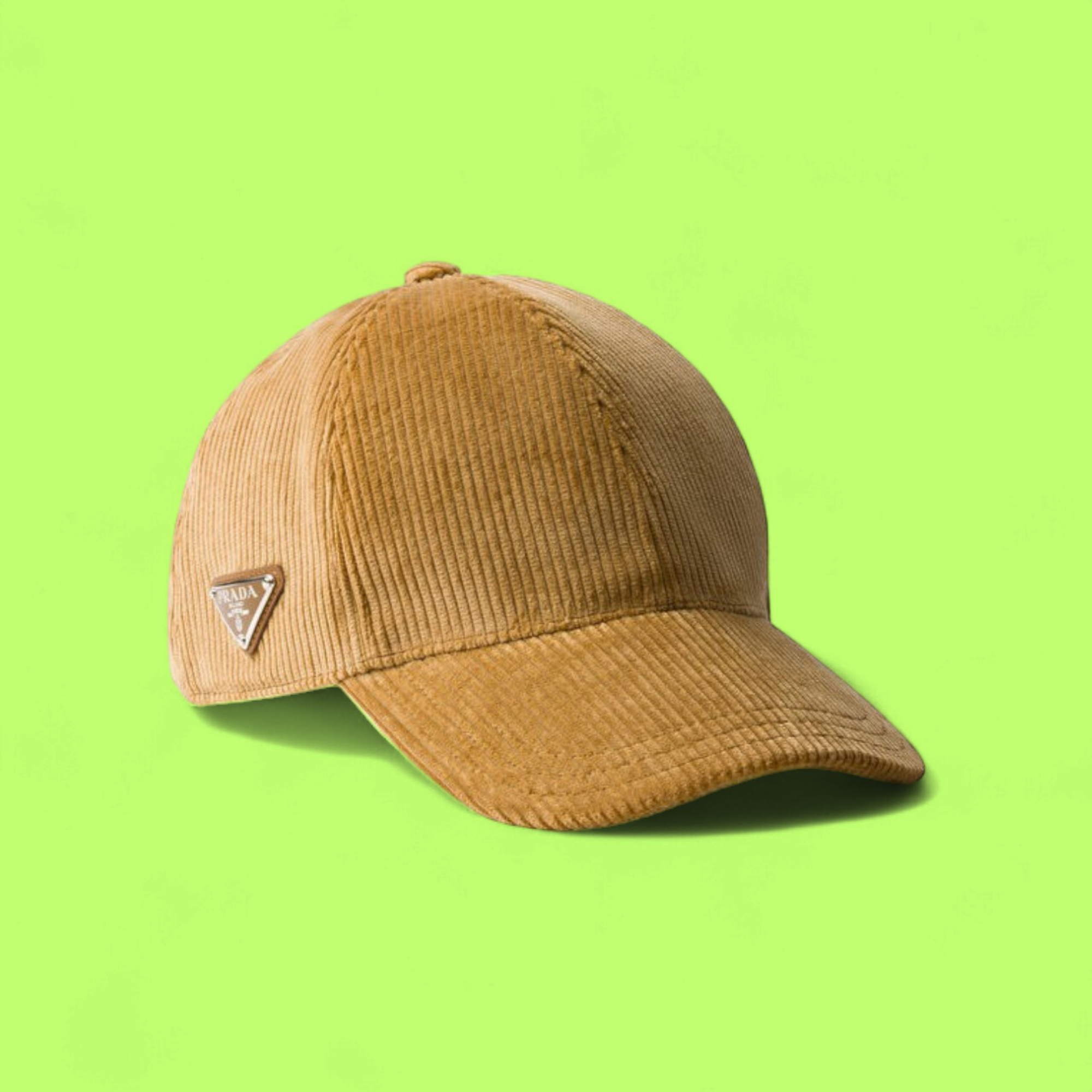 BROWN CORDUROY PRADA BASEBALL CAP WITH ICONIC METAL TRIANGLE