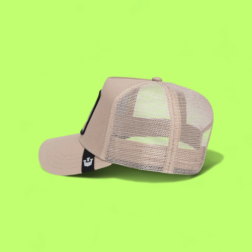 BEWARE DOBERMAN BEIGE TRUCKER HAT WITH EMBROIDERED DOG PATCH