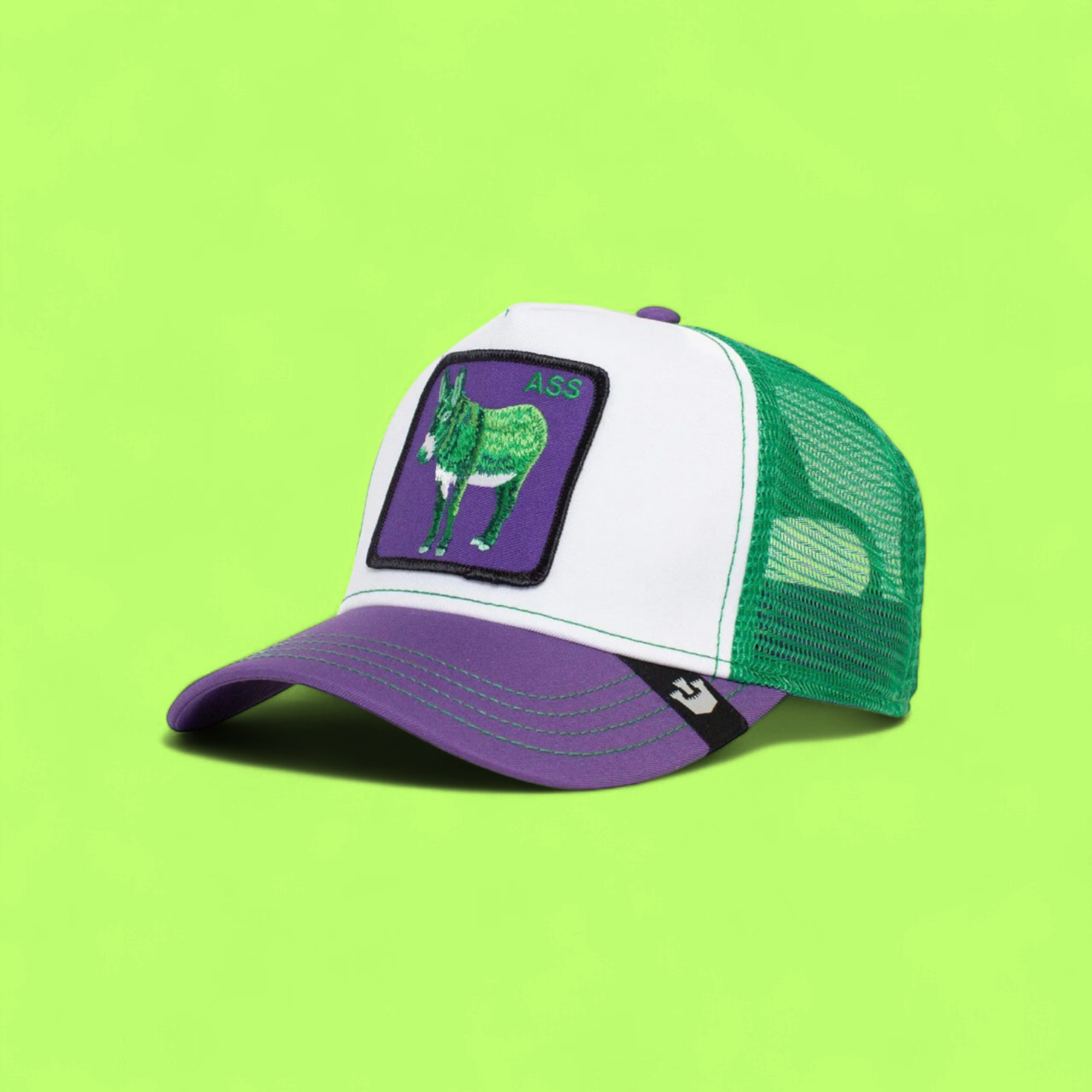 GREEN DONKEY PATCH WHITE TRUCKER HAT WITH PURPLE VISOR