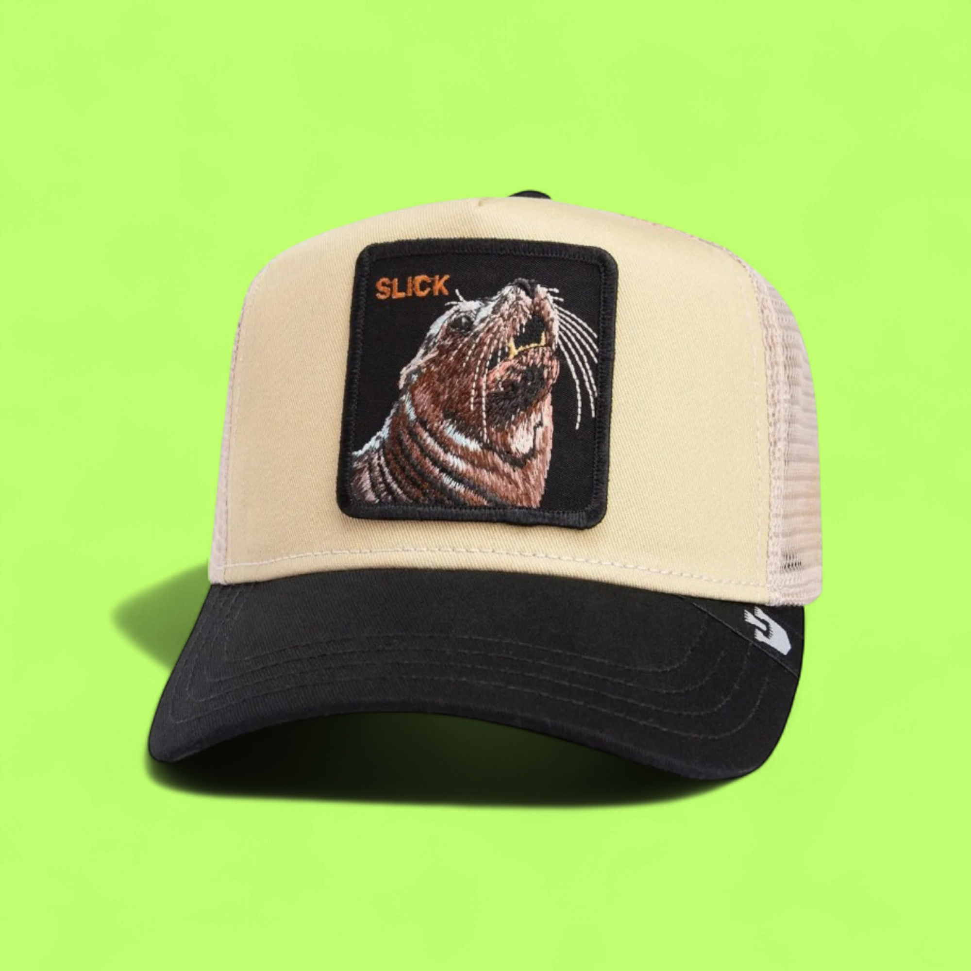 BEIGE BLACK TRUCKER HAT WITH SLICK SEA LION EMBROIDERY ICONZ