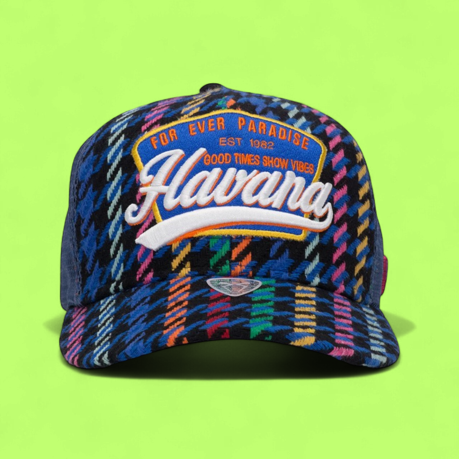 COLORFUL TRUCKER CAP WITH HAVANA EMBROIDERY AND BLUE MESH
