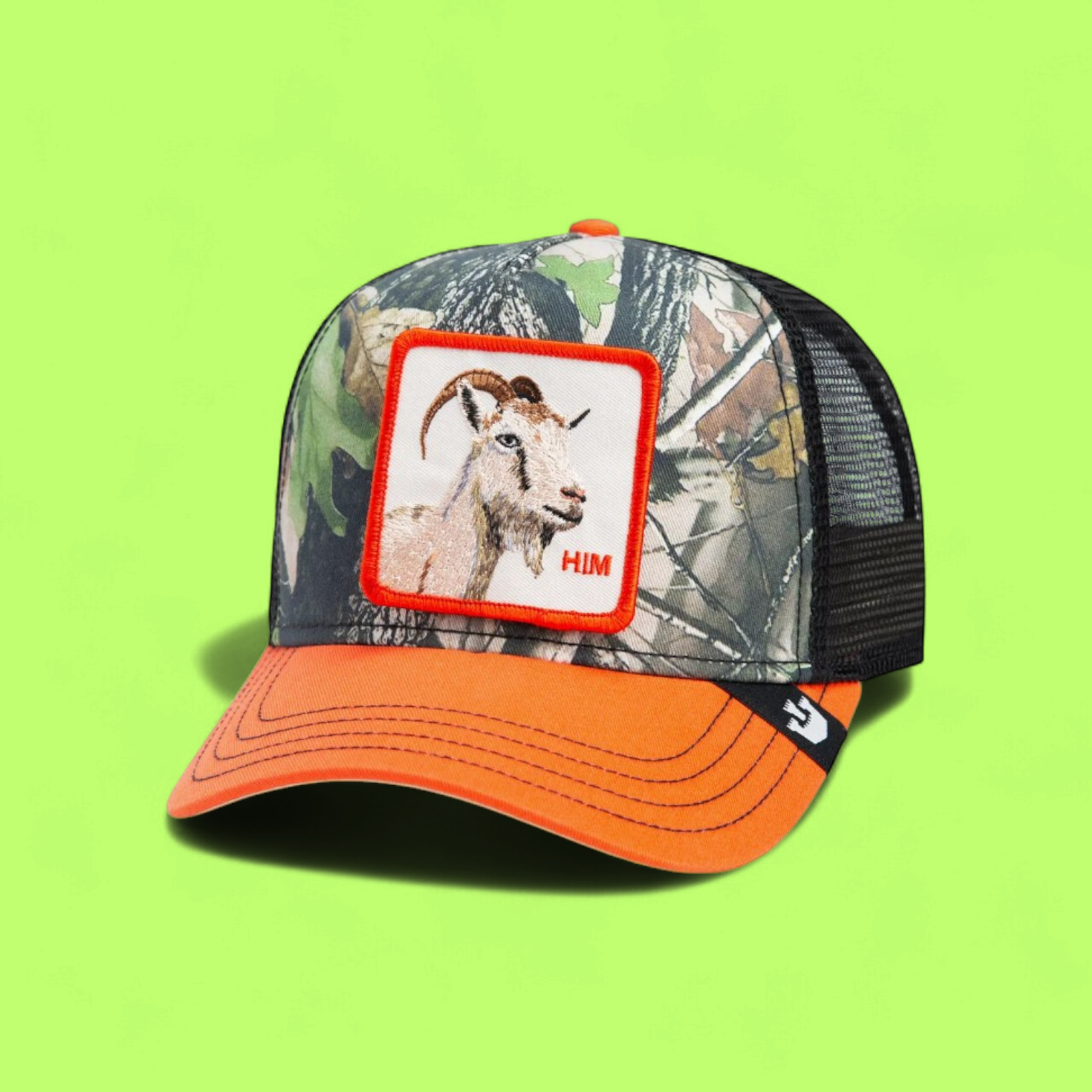 HIM GOAT CAMO TRUCKER HAT WITH ORANGE BRIM AND PATCH DESIGN