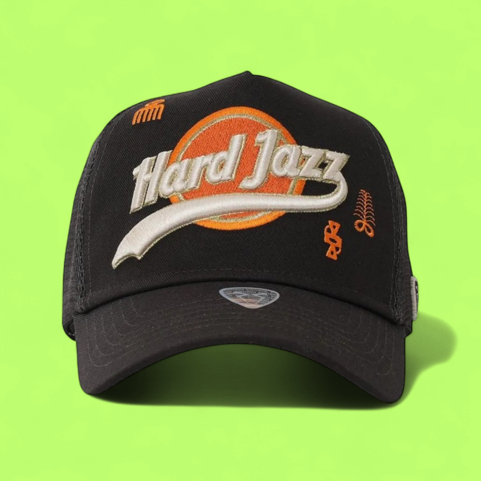 BLACK HARD JAZZ TRUCKER CAP WITH ORANGE RETRO EMBROIDERY
