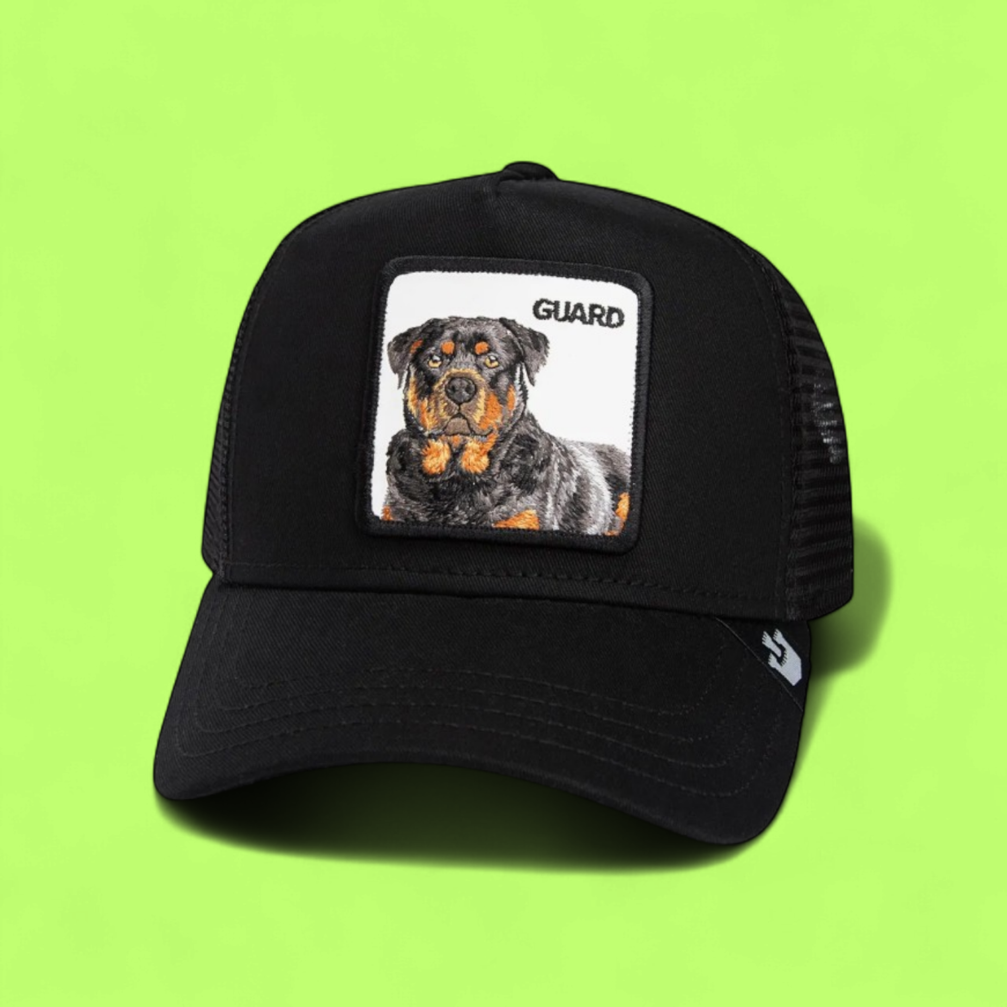 GUARD DOG BLACK TRUCKER HAT WITH ROTTWEILER EMBROIDERED PATCH