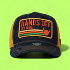 HANDS OFF TRUCKER CAP WITH COLORFUL RETRO EMBROIDERY
