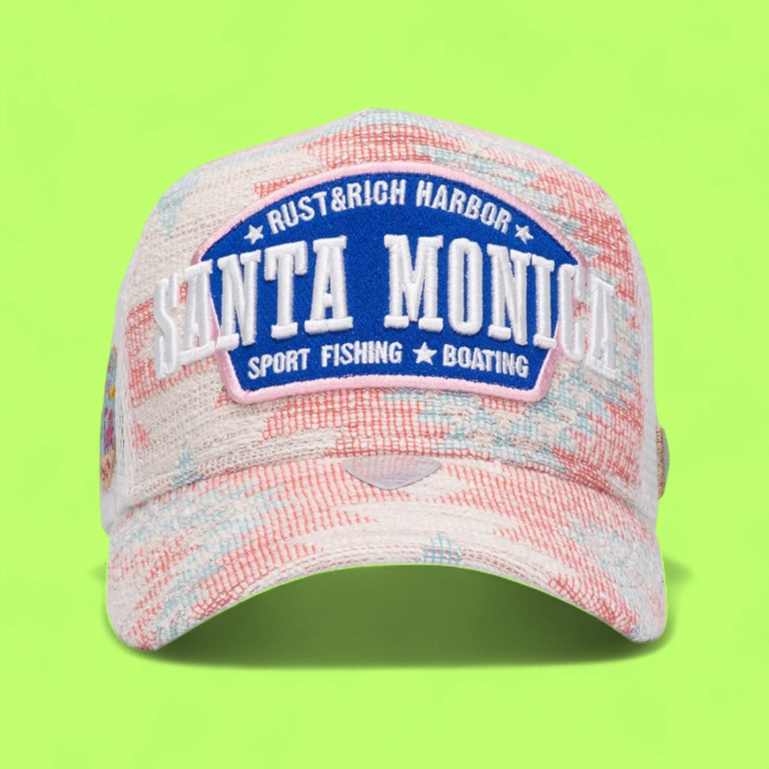 WHITE TRUCKER CAP WITH SANTA MONICA BLUE PATCH DESIGN