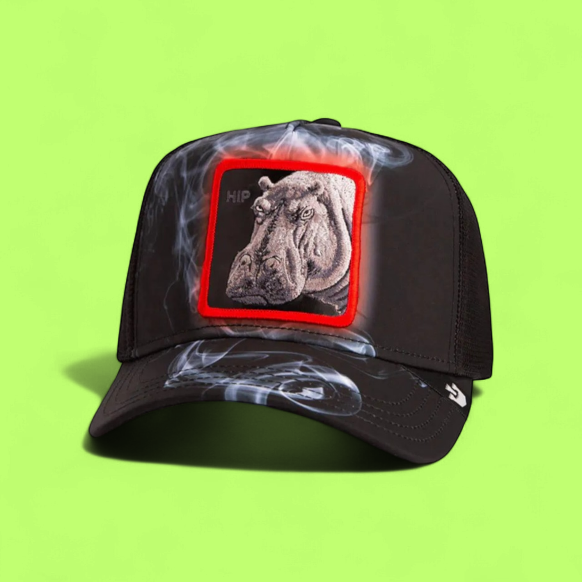 HIP SMOKE EFFECT BLACK TRUCKER HAT WITH RED FRAME PATCH