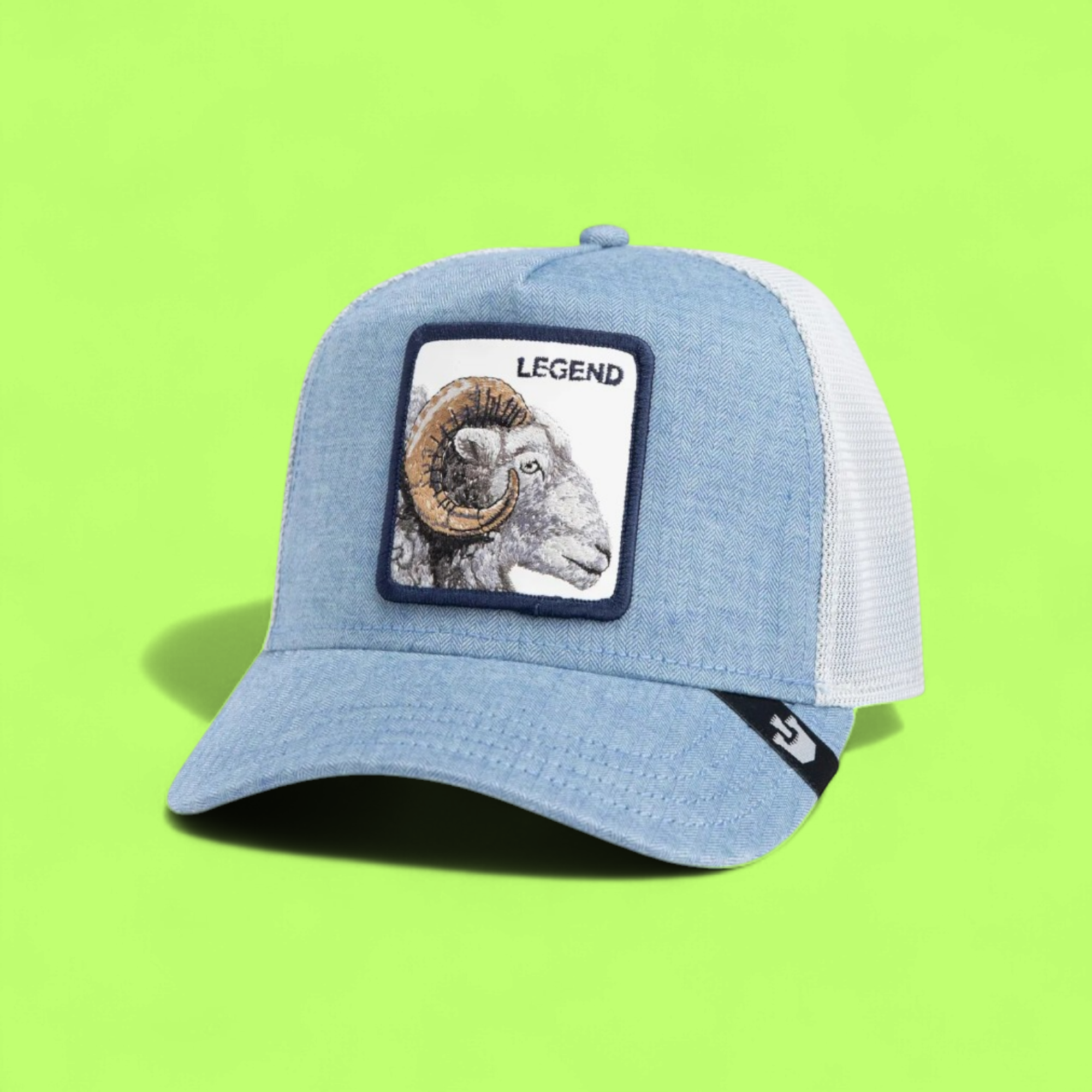LEGEND LIGHT BLUE RAM TRUCKER HAT WITH WHITE MESH BACK