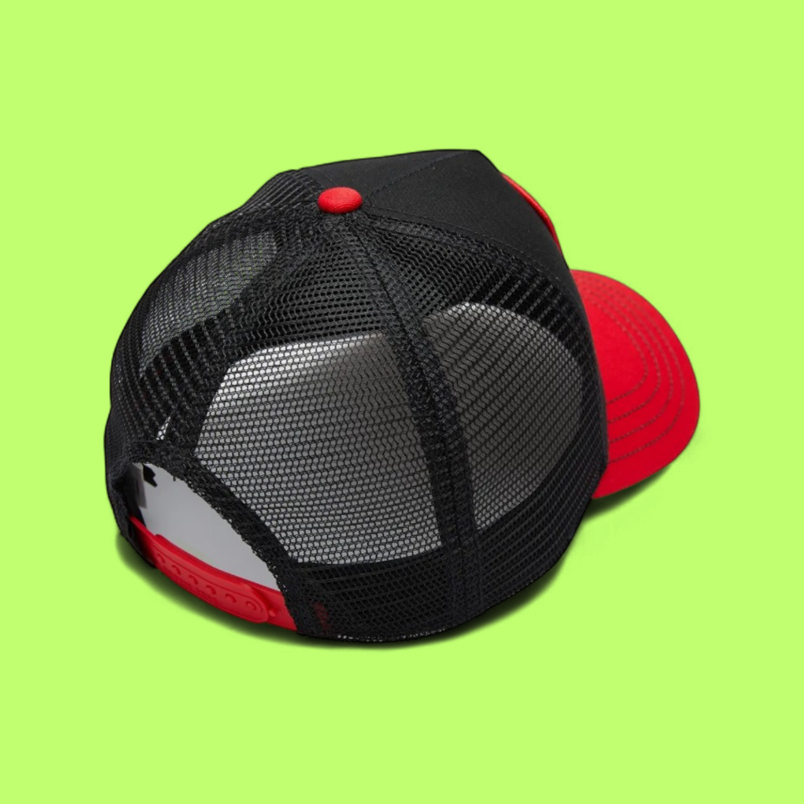 BLACK RED TRUCKER CAP WITH GOAT PATCH AND MESH BACK CWCDE