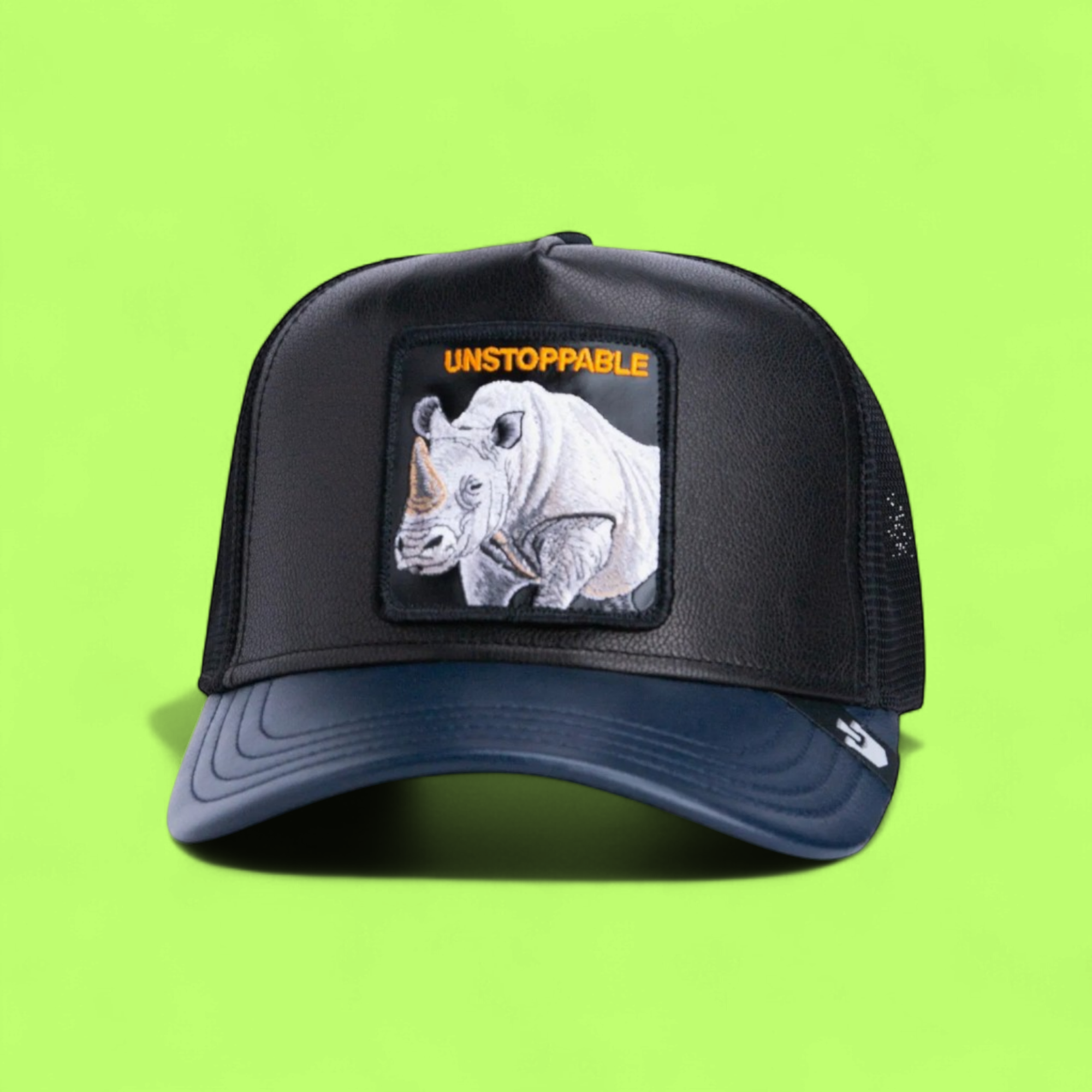 UNSTOPPABLE RHINO BLACK TRUCKER HAT WITH EMBROIDERED PATCH