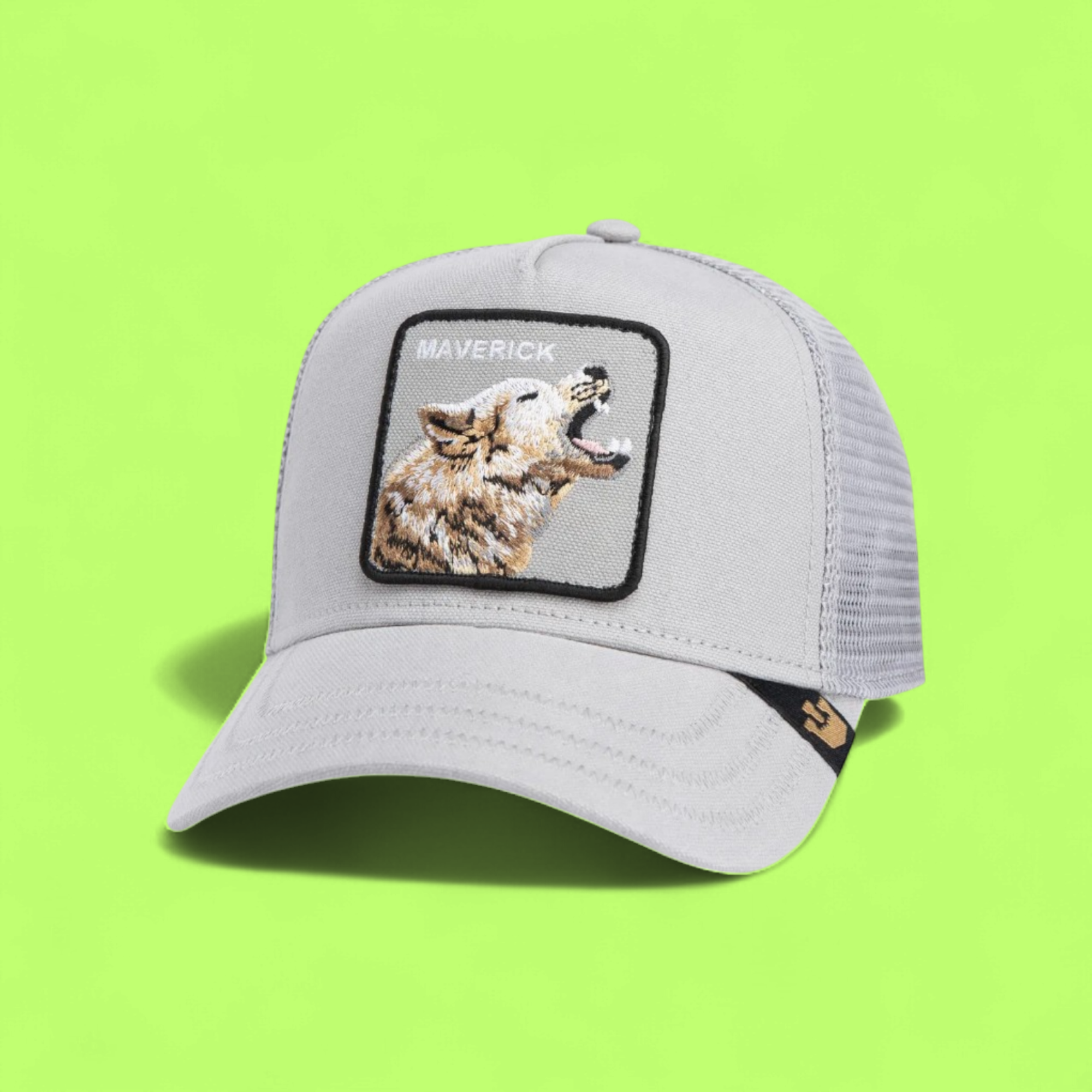 MAVERICK WOLF GREY TRUCKER HAT WITH EMBROIDERED WOLF PATCH