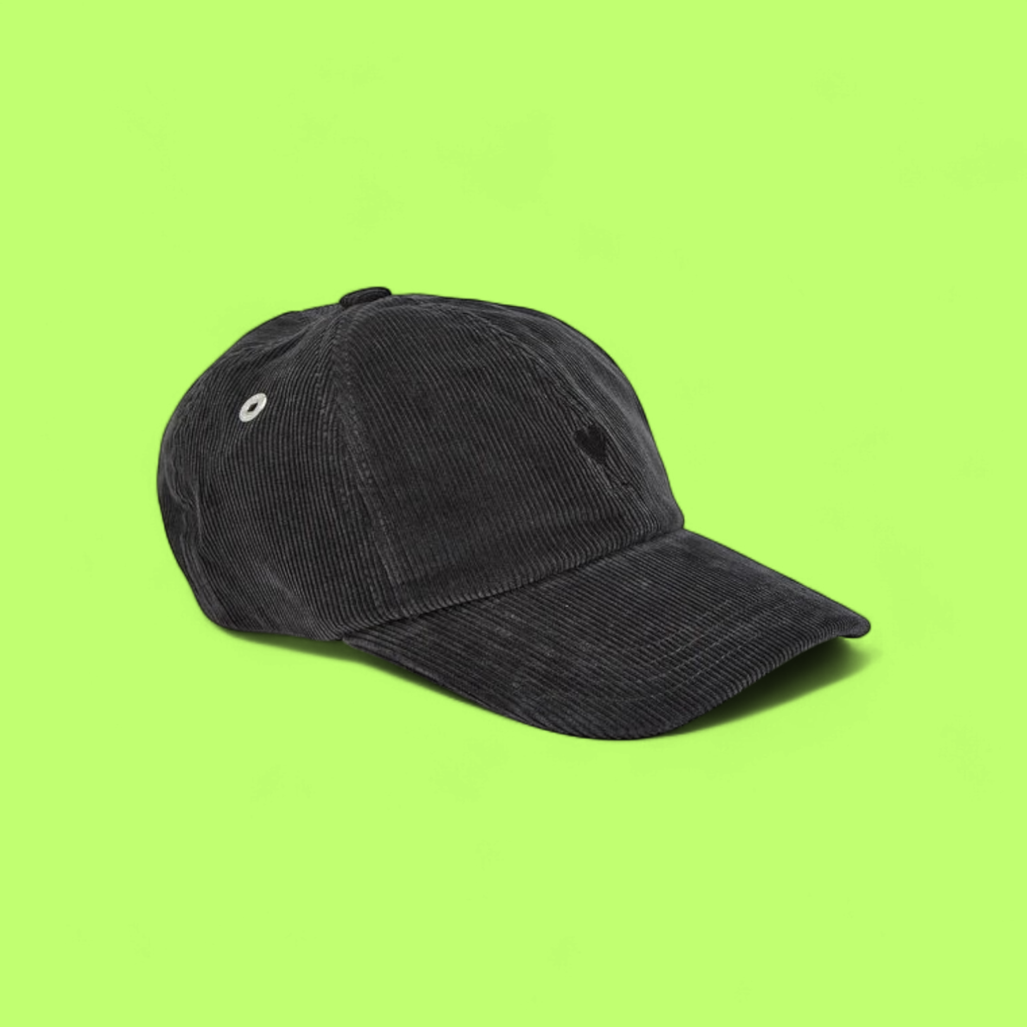 BLACK CORDUROY CAP WITH TONAL HEART A EMBROIDERED FRONT