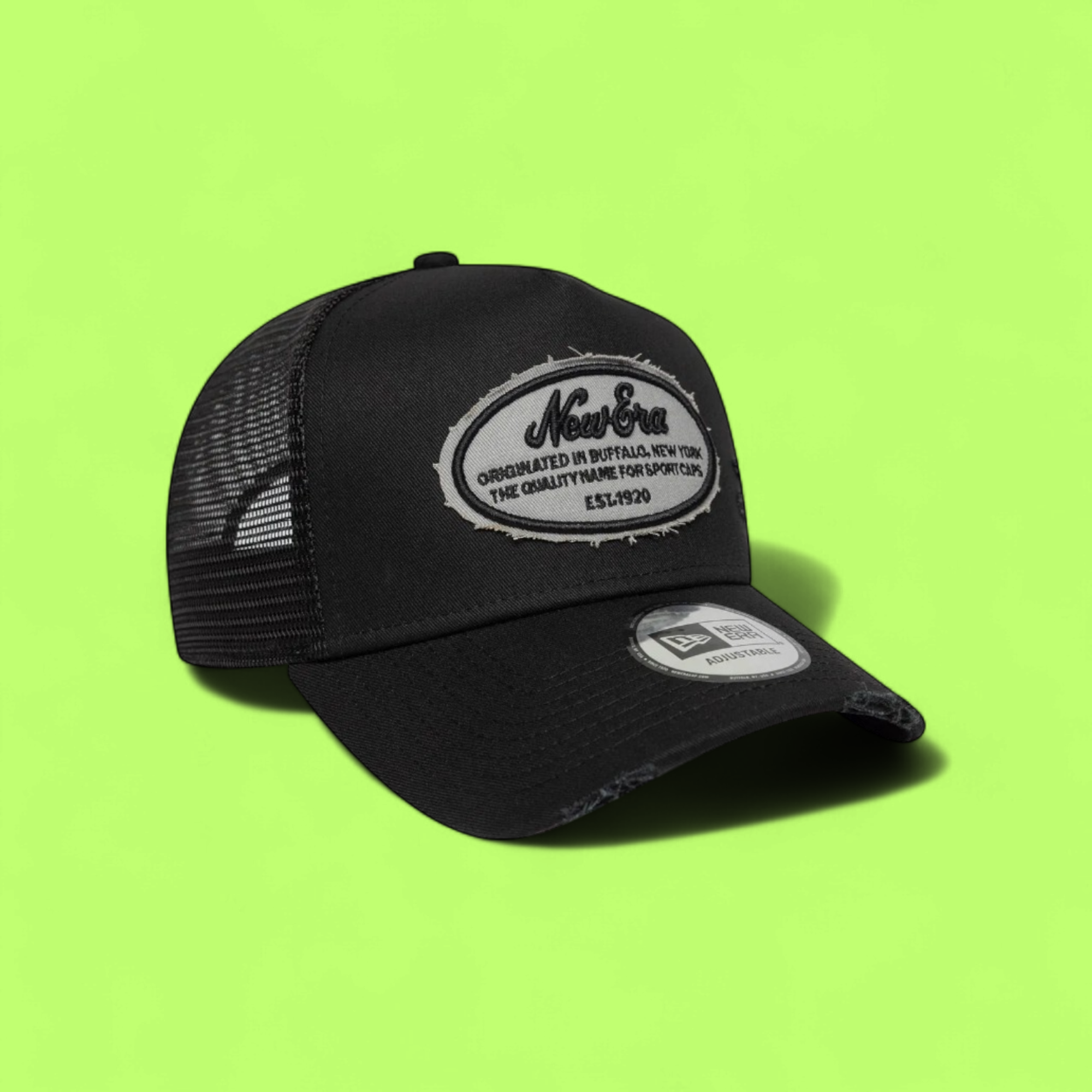 NEW ERA BLACK PATCH TRUCKER DISTRESSED MESH CAP CWCD