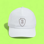 WHITE PERFORMANCE CAP WITH SHIELD EMBLEM AND MODERN STYLE