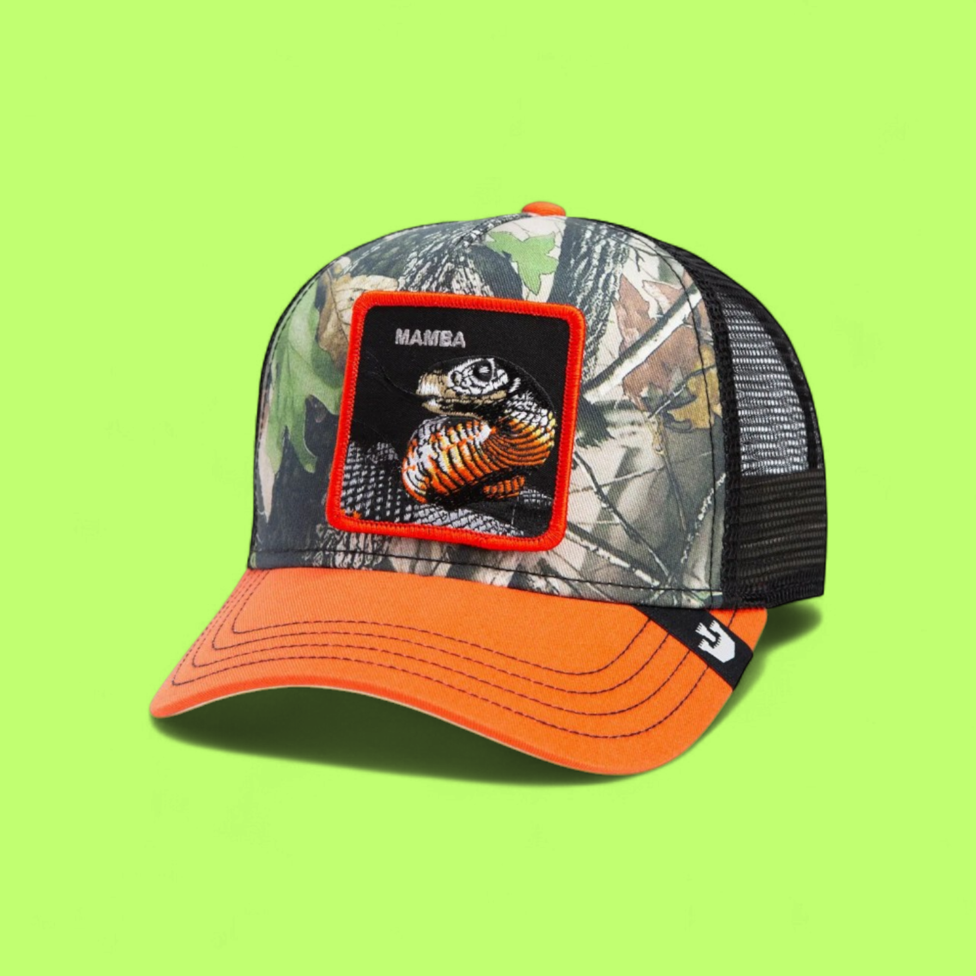 MAMBA SNAKE CAMO TRUCKER HAT WITH ORANGE BRIM AND PATCH