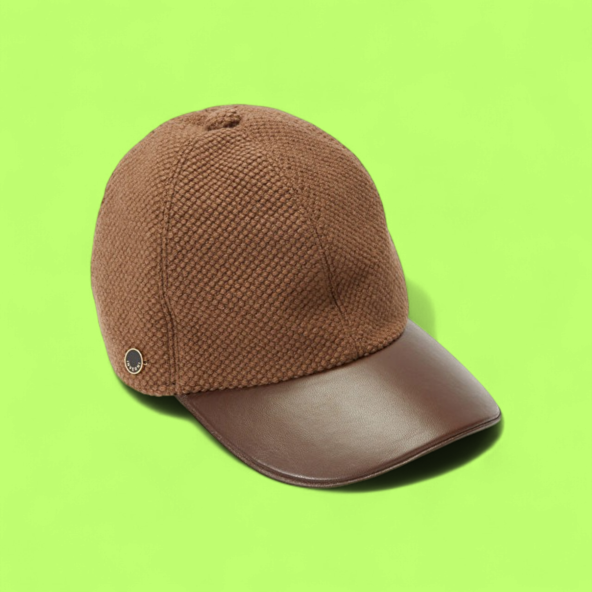 INVERNI BROWN KNIT BASEBALL CAP WITH ELEGANT LEATHER VISOR