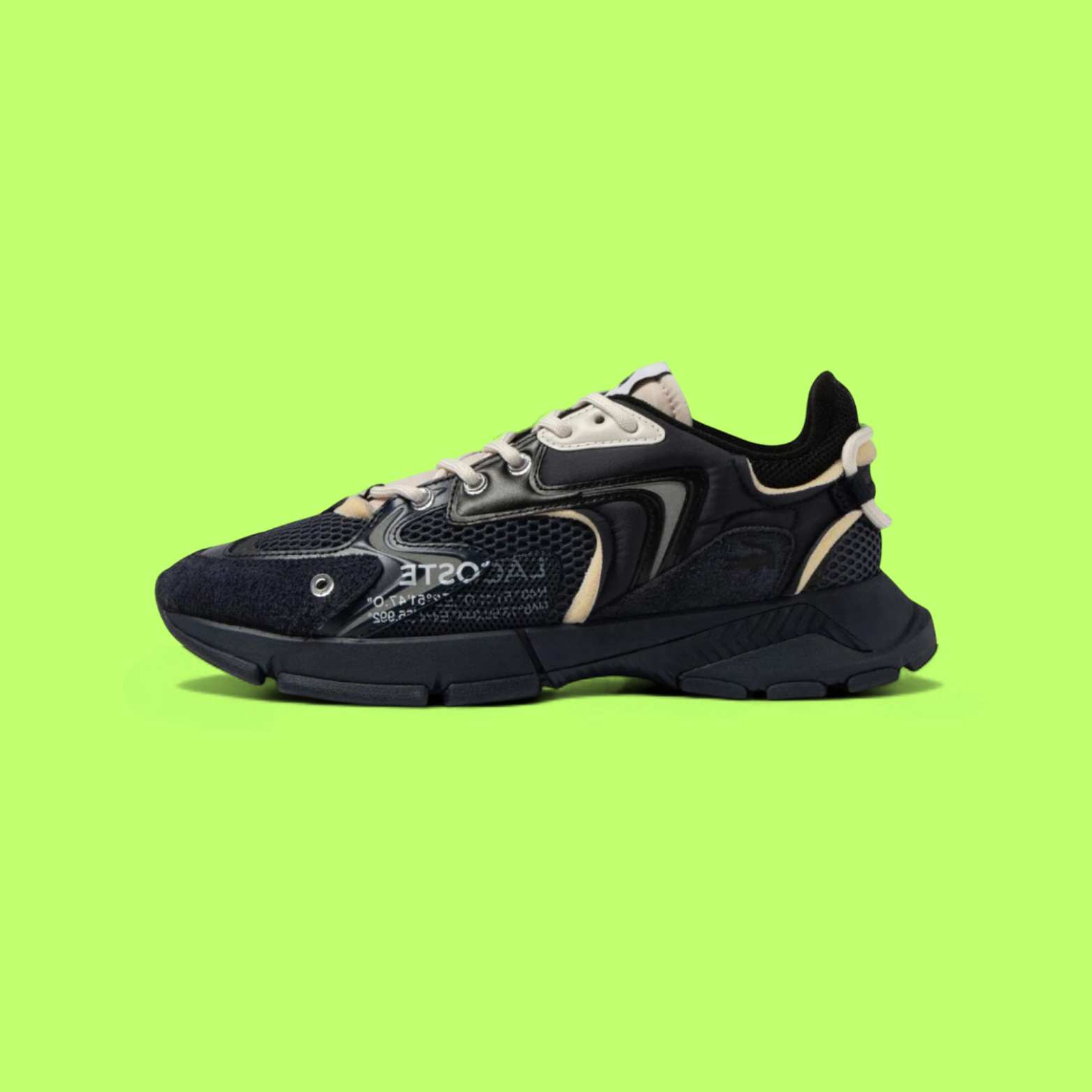 LACOSTE L003 MEN'S NAVY AND BLACK MESH LEATHER CASUAL SNEAKERS