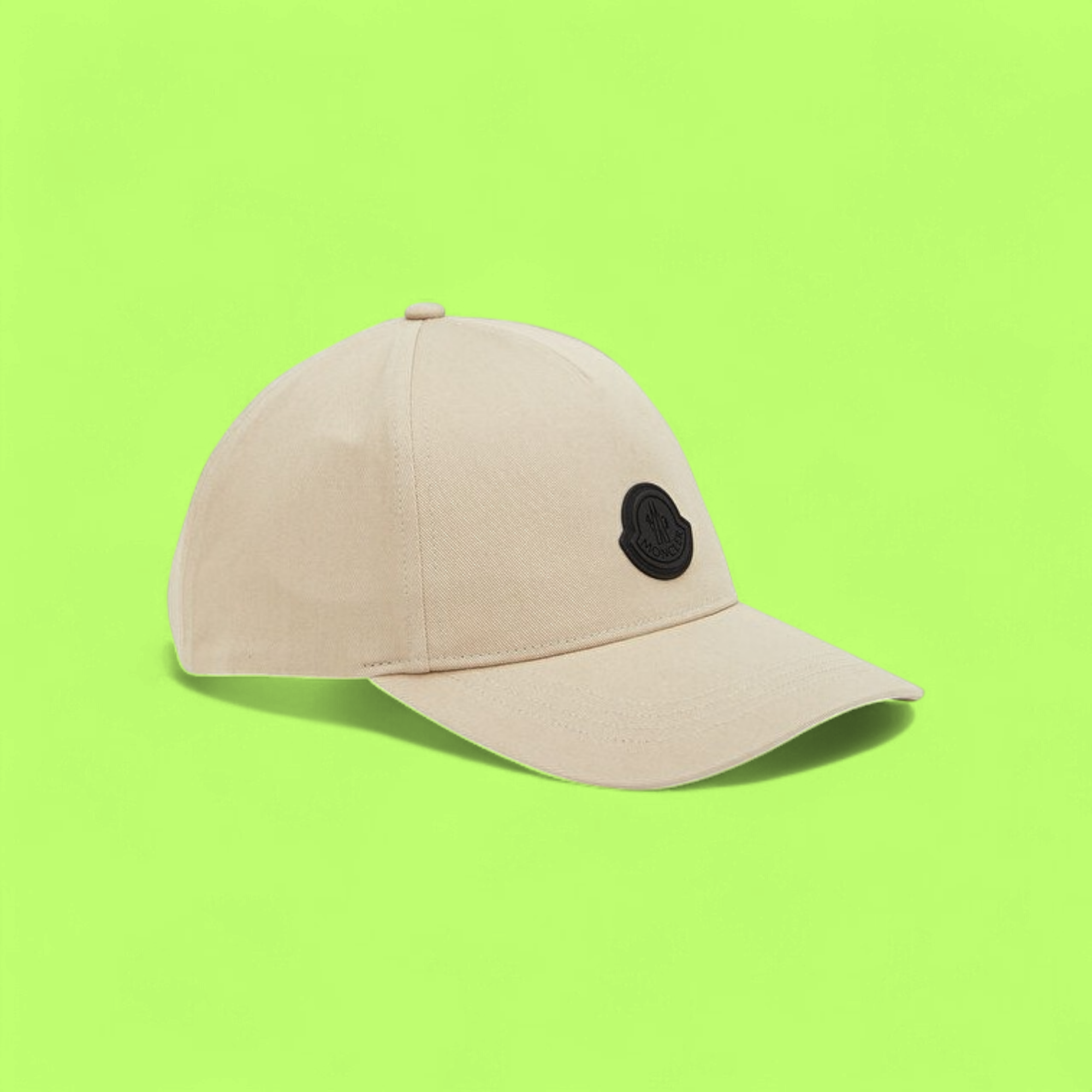 MONCLER BEIGE CAP WITH BLACK LOGO PATCH ICON DROPZ CWCD