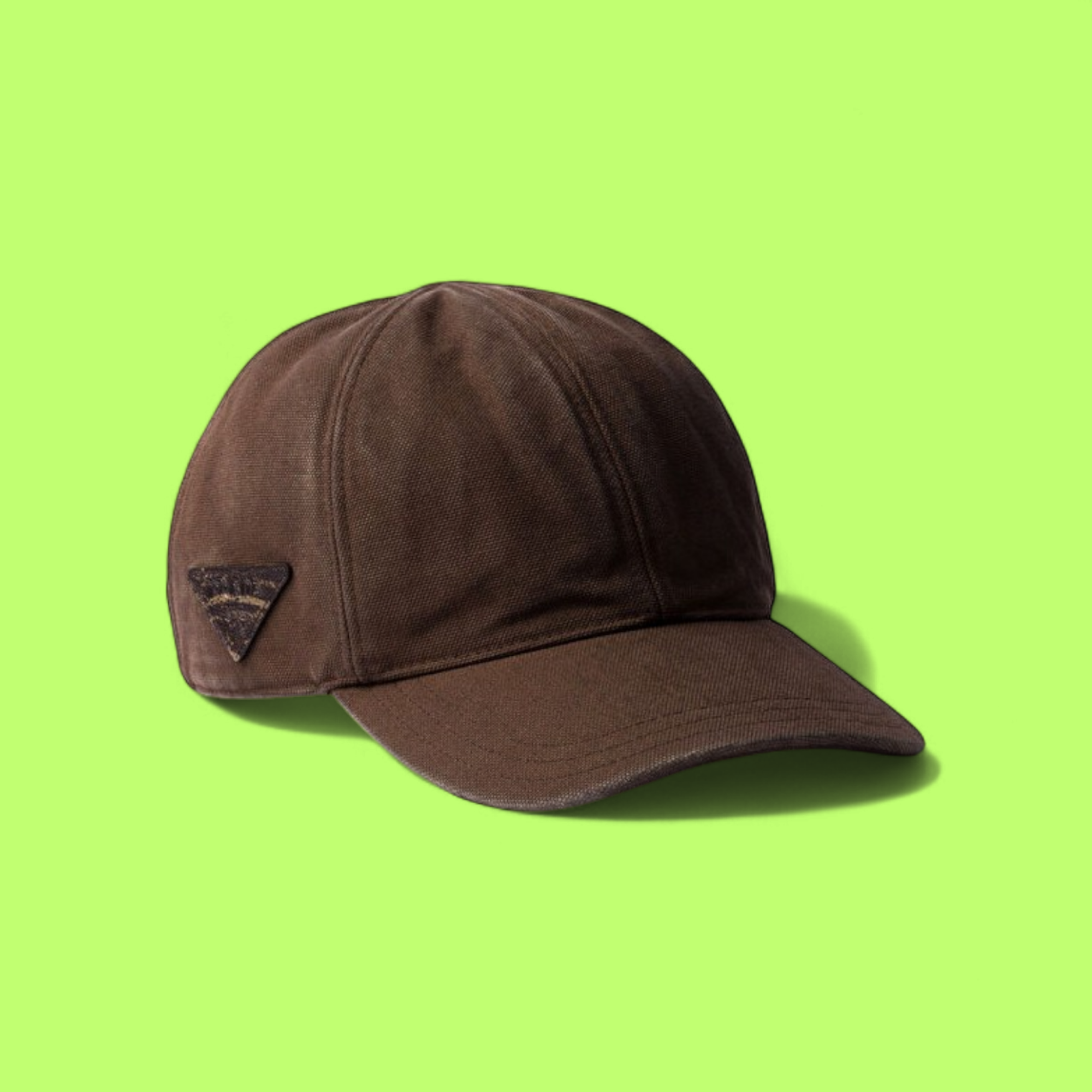 PRADA BROWN CANVAS BASEBALL CAP WITH DISTRESSED LOGO PATCH