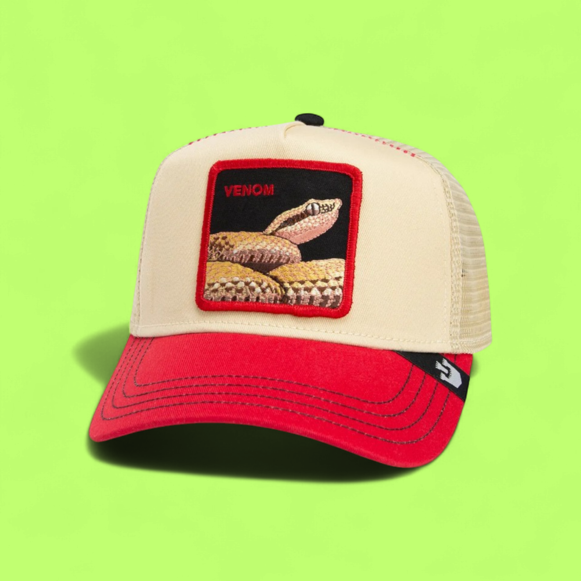 VENOM SNAKE BEIGE AND RED TRUCKER HAT WITH EMBROIDERED PATCH