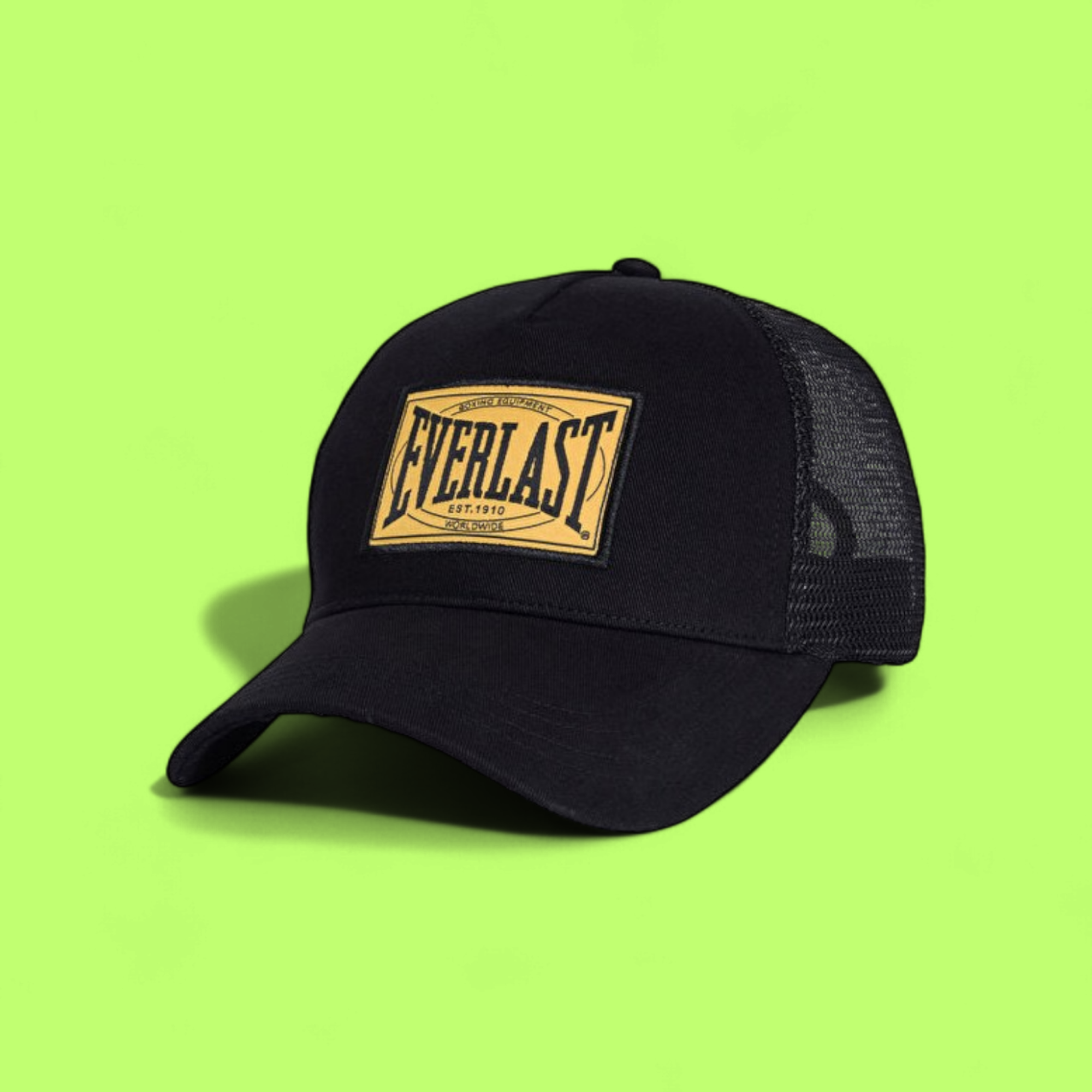 BLACK EVERLAST TRUCKER CAP WITH YELLOW FRONT PATCH CWCD