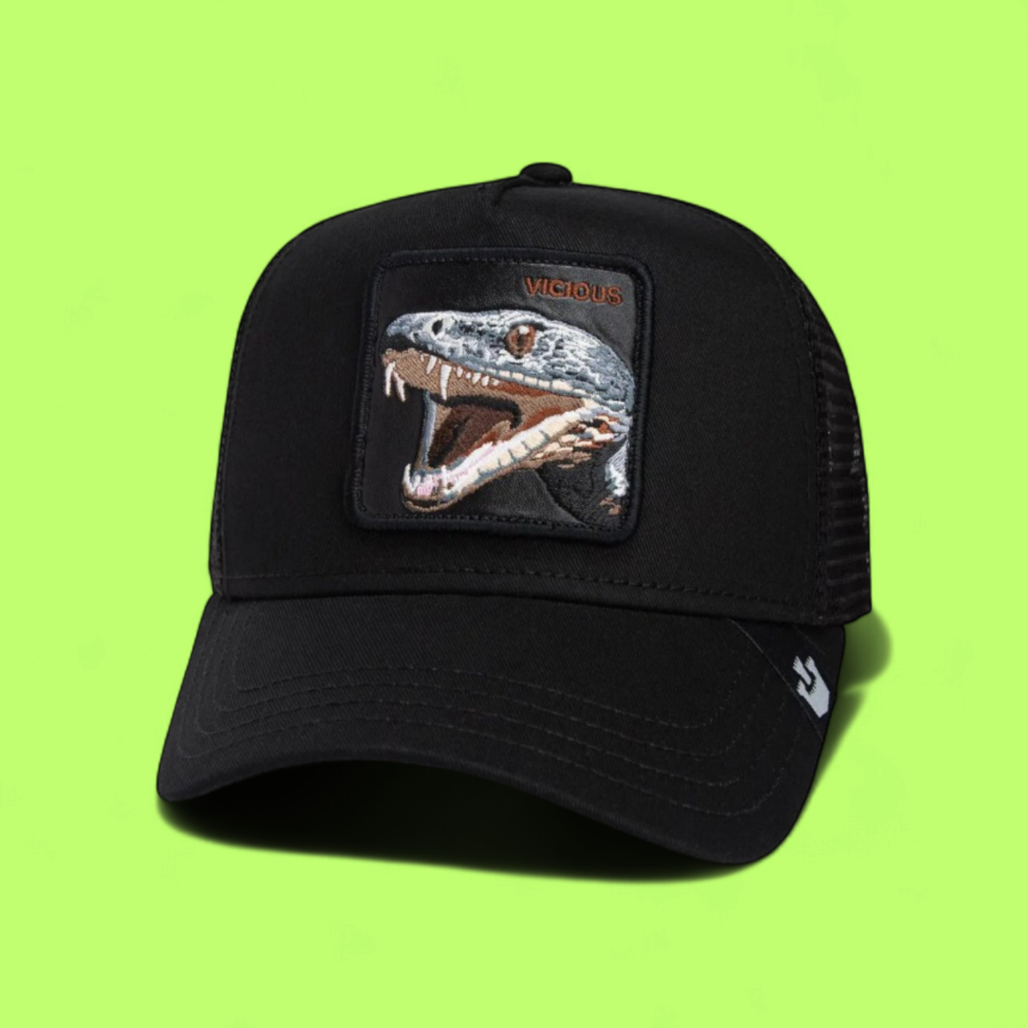 VICIOUS CROCODILE BLACK TRUCKER HAT WITH EMBROIDERED PATCH