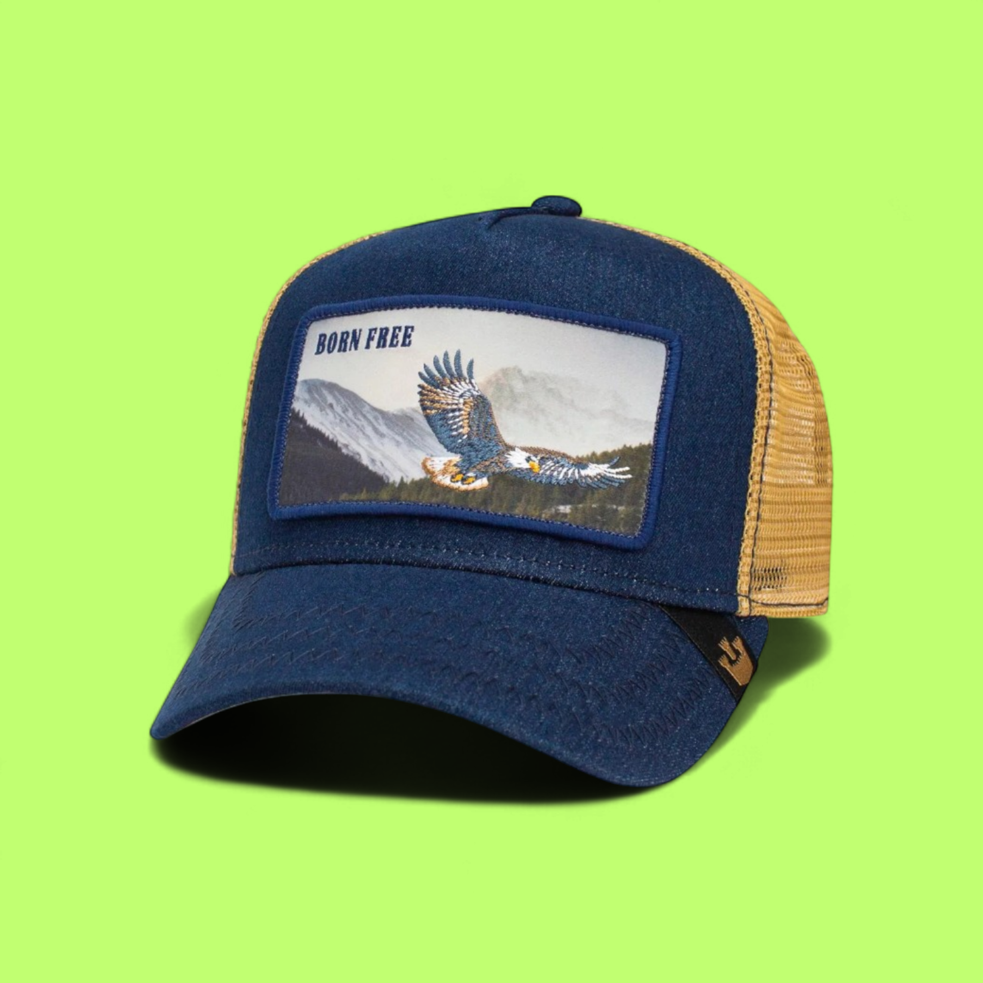 BORN FREE EAGLE BLUE TRUCKER HAT WITH MOUNTAIN LANDSCAPE