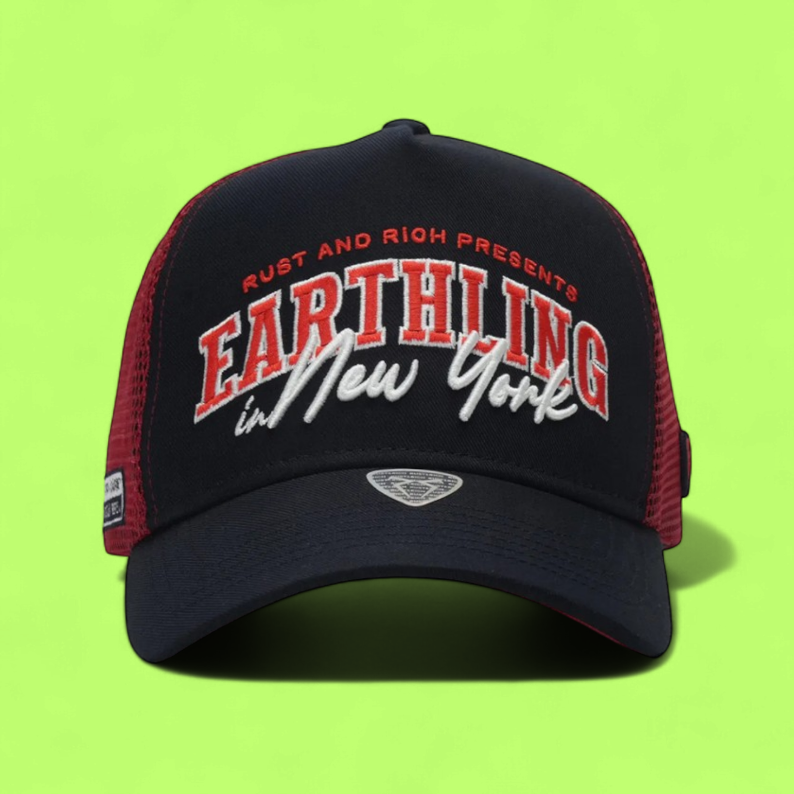 BLACK RED TRUCKER CAP WITH BROOKLYN NEW YORK EMBROIDERY