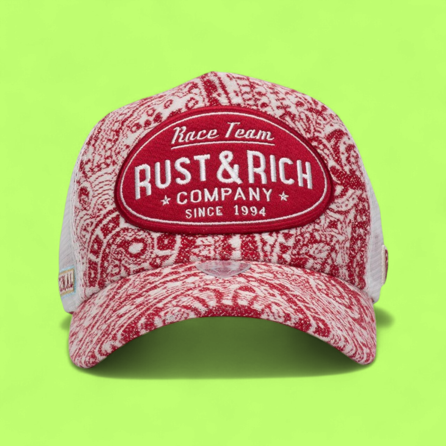 RED RUST AND RICH TRUCKER CAP WITH RACE TEAM EMBROIDERY