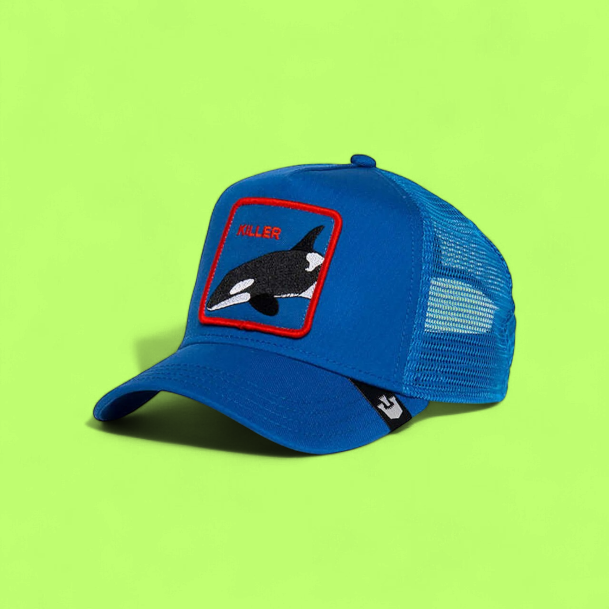 KILLER WHALE PATCH BLUE TRUCKER HAT WITH RED BORDER