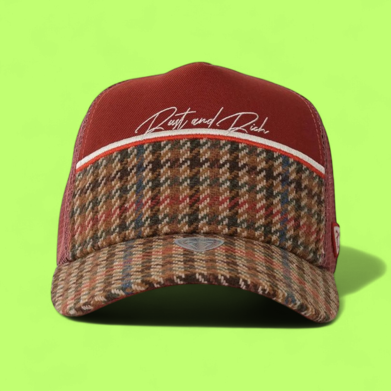 BROWN CHECKERED TRUCKER CAP WITH RUST AND RICH SIGNATURE