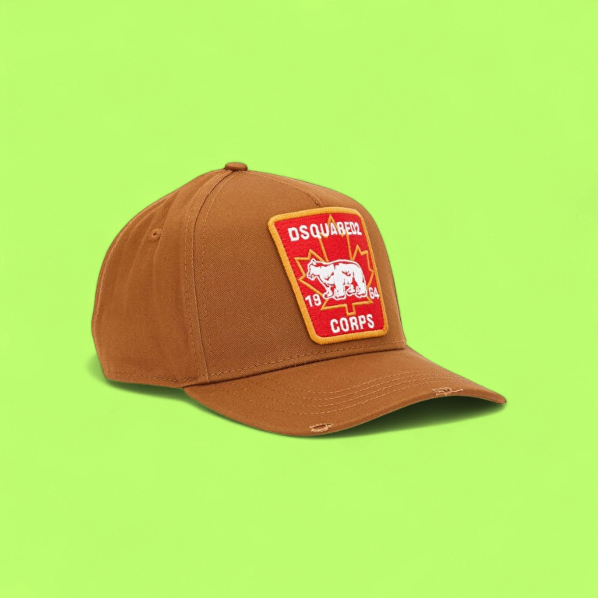 BROWN CAP WITH RED PATCH AND EMBROIDERED BEAR DETAIL