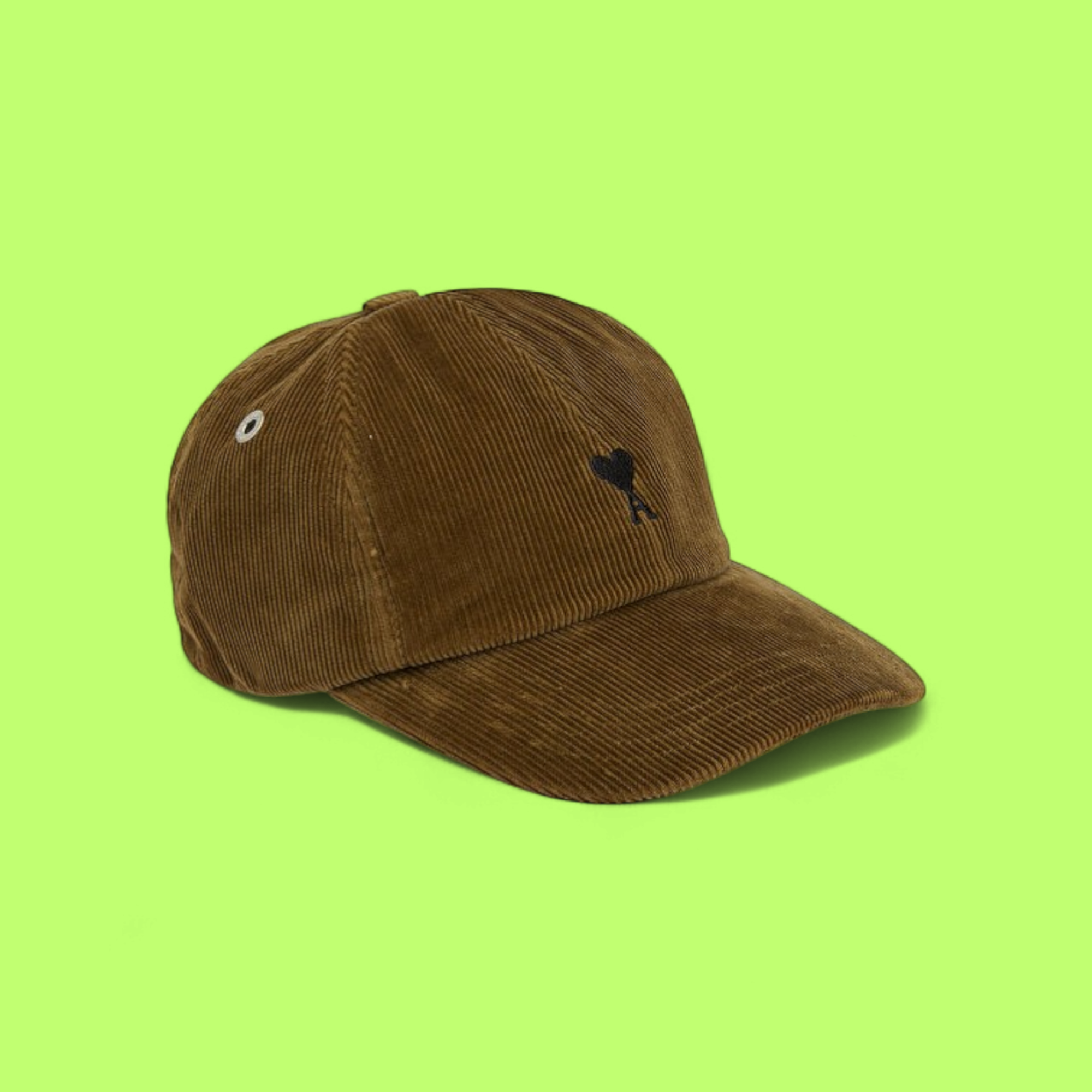 BROWN CORDUROY BASEBALL CAP WITH BLACK HEART A EMBROIDERED