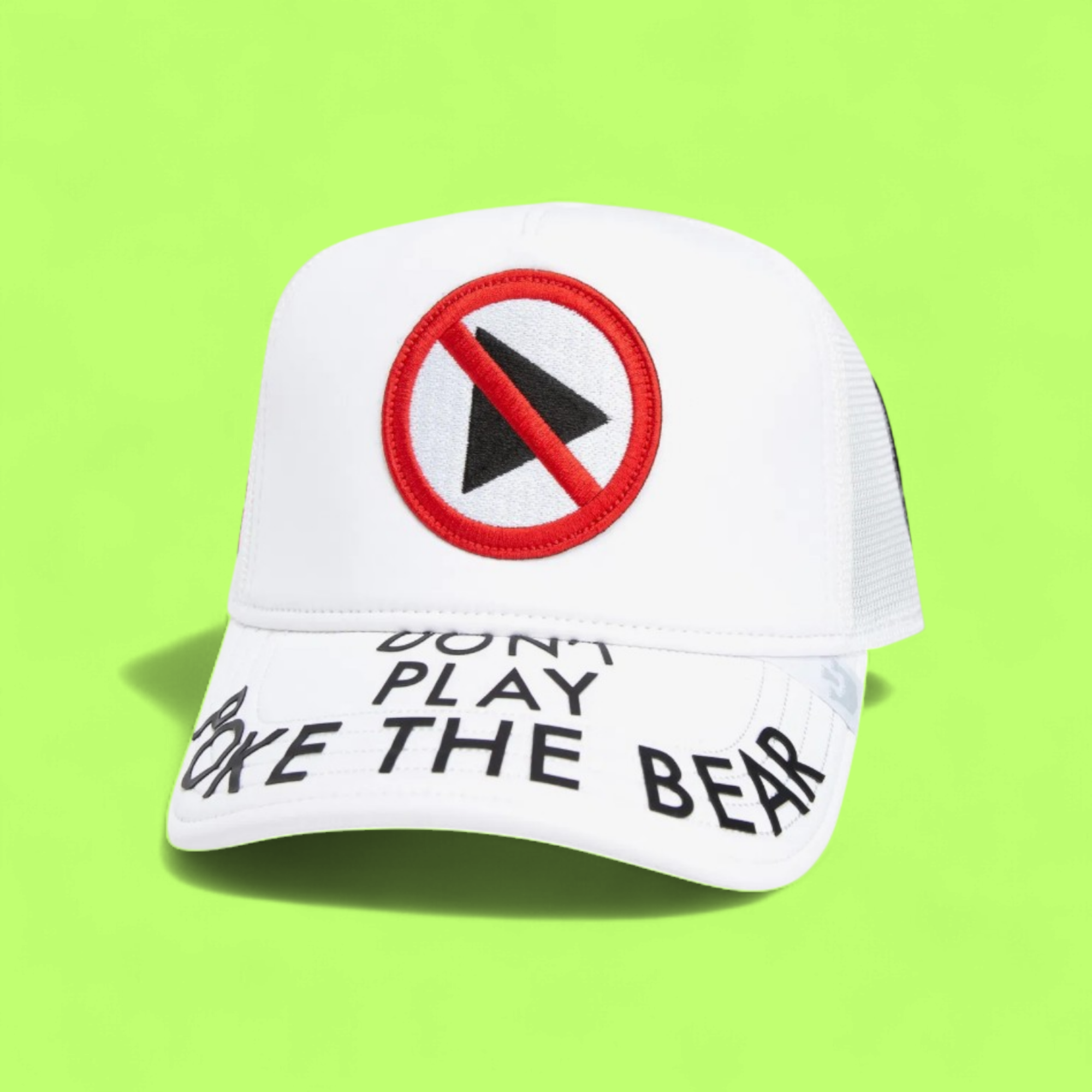 DONT PLAY POKE THE BEAR WHITE TRUCKER HAT WITH PATCH DESIGN