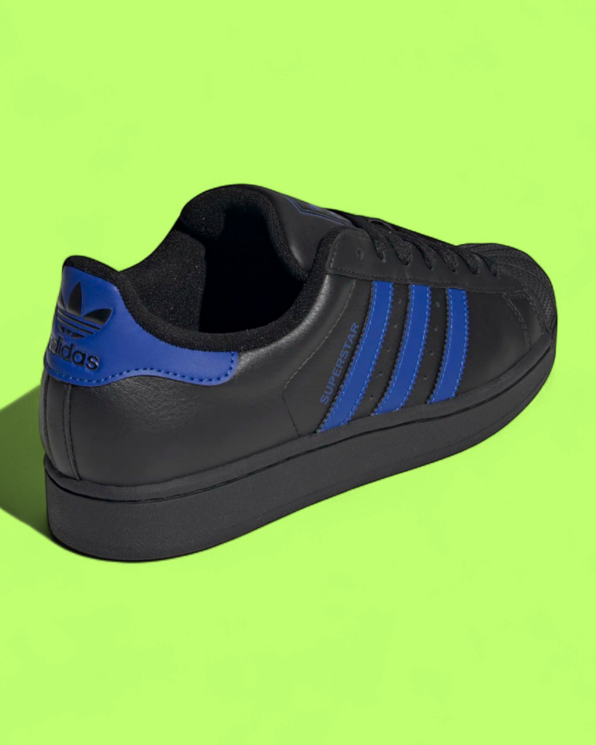 ADIDAS SUPERSTAR BLACK LEATHER SNEAKERS WITH BLUE STRIPES