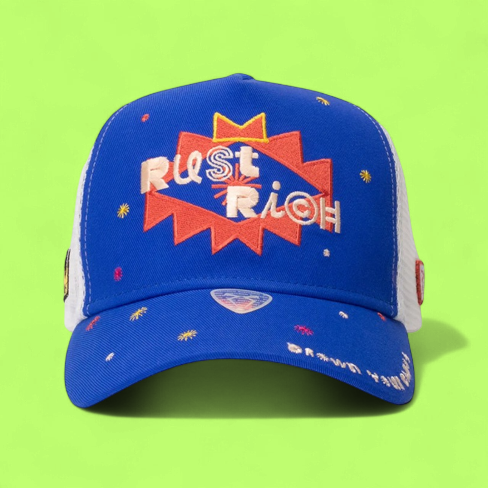 BLUE RUST RICH TRUCKER CAP WITH COLORFUL EMBROIDERED DESIGN