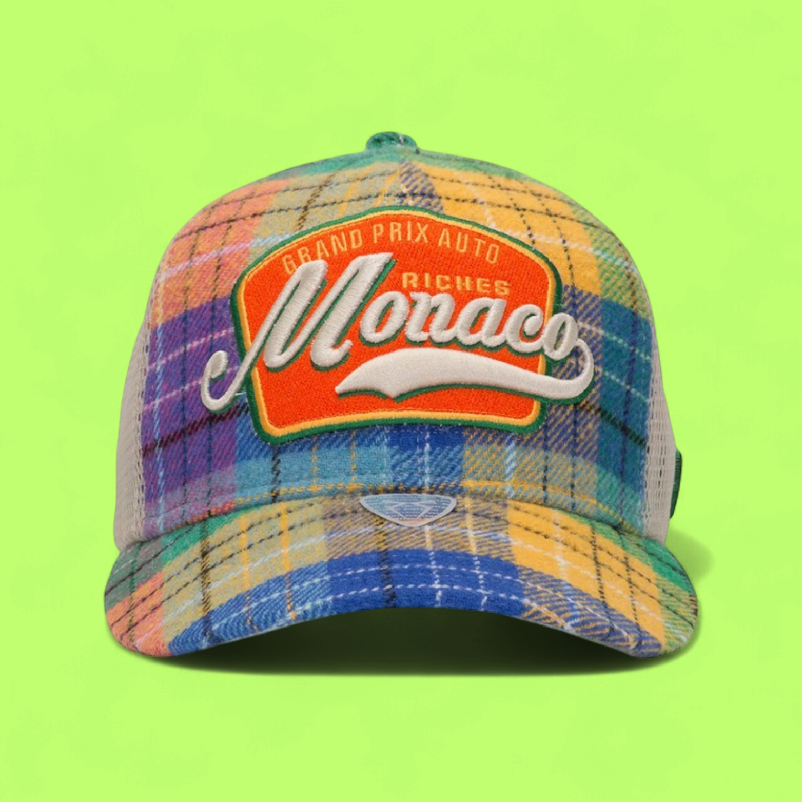 PLAID TRUCKER CAP WITH MONACO EMBROIDERY AND BEIGE MESH