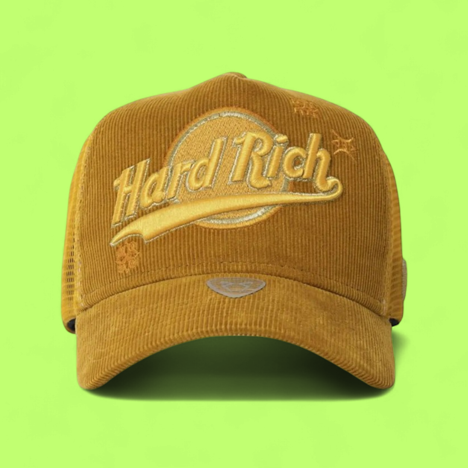 YELLOW CORDUROY TRUCKER CAP WITH HARD RICH EMBROIDERY