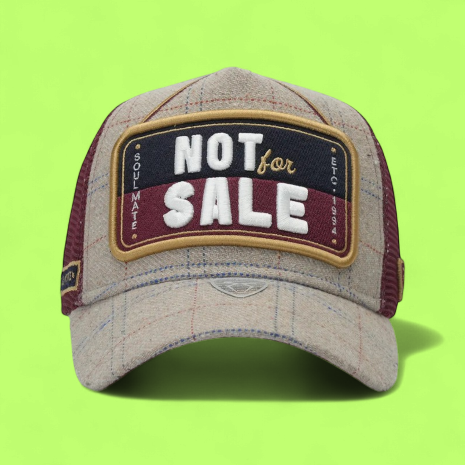 BEIGE BURGUNDY TRUCKER CAP WITH NOT FOR SALE PATCH FRONT