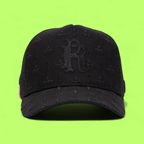 ALL BLACK TRUCKER CAP WITH R LOGO AND ELEGANT PATTERN