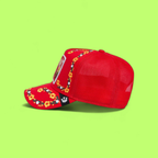 RED BUSY BEE CAP WITH FLORAL EMBROIDERY DETAILS ICON CWCD