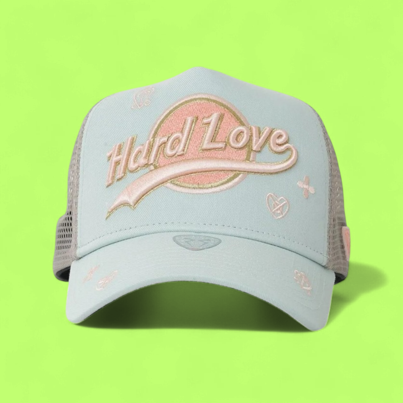 PASTEL HARD LOVE TRUCKER CAP WITH PINK EMBROIDERED LOGO