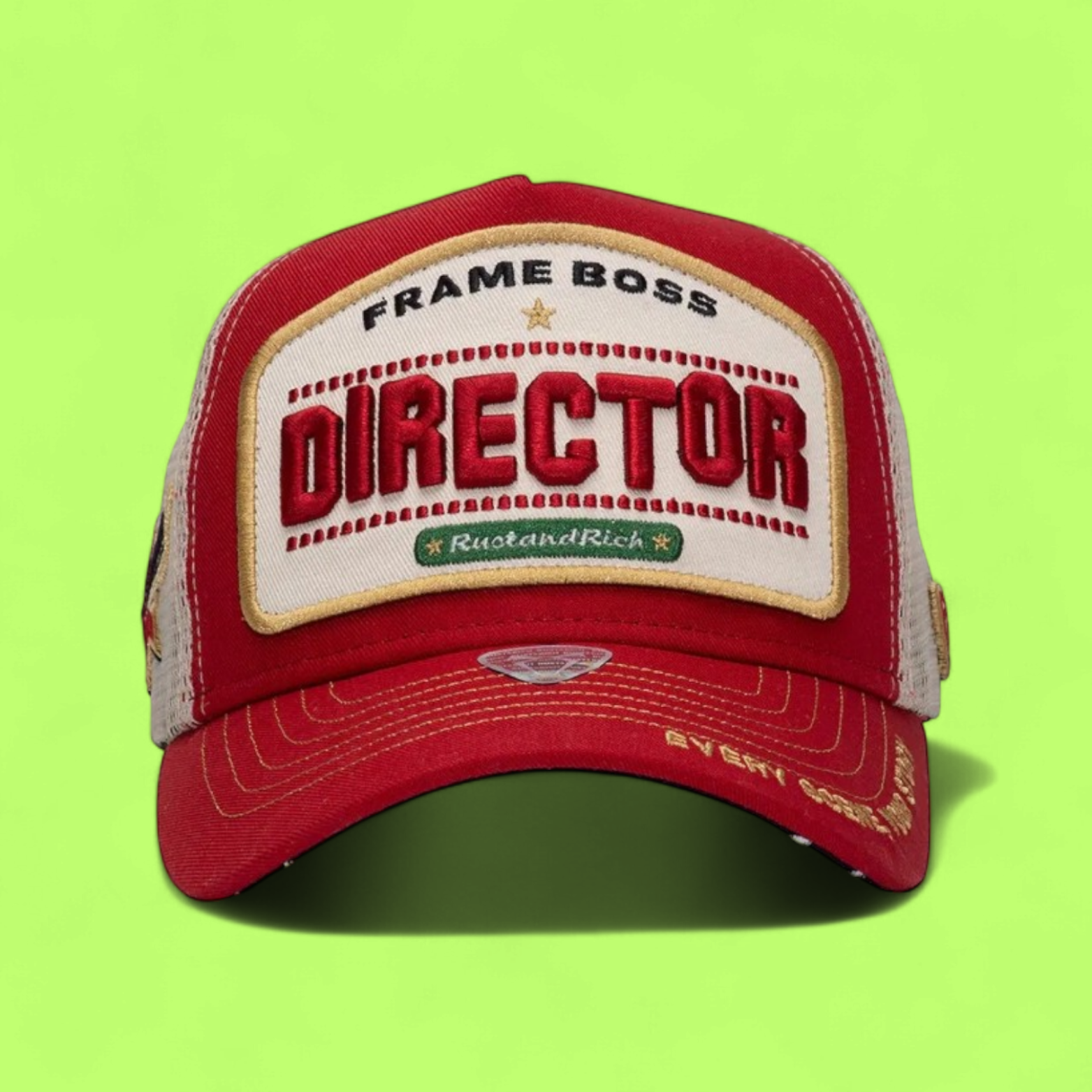 RED TRUCKER CAP WITH DIRECTOR PATCH AND BEIGE MESH BACK