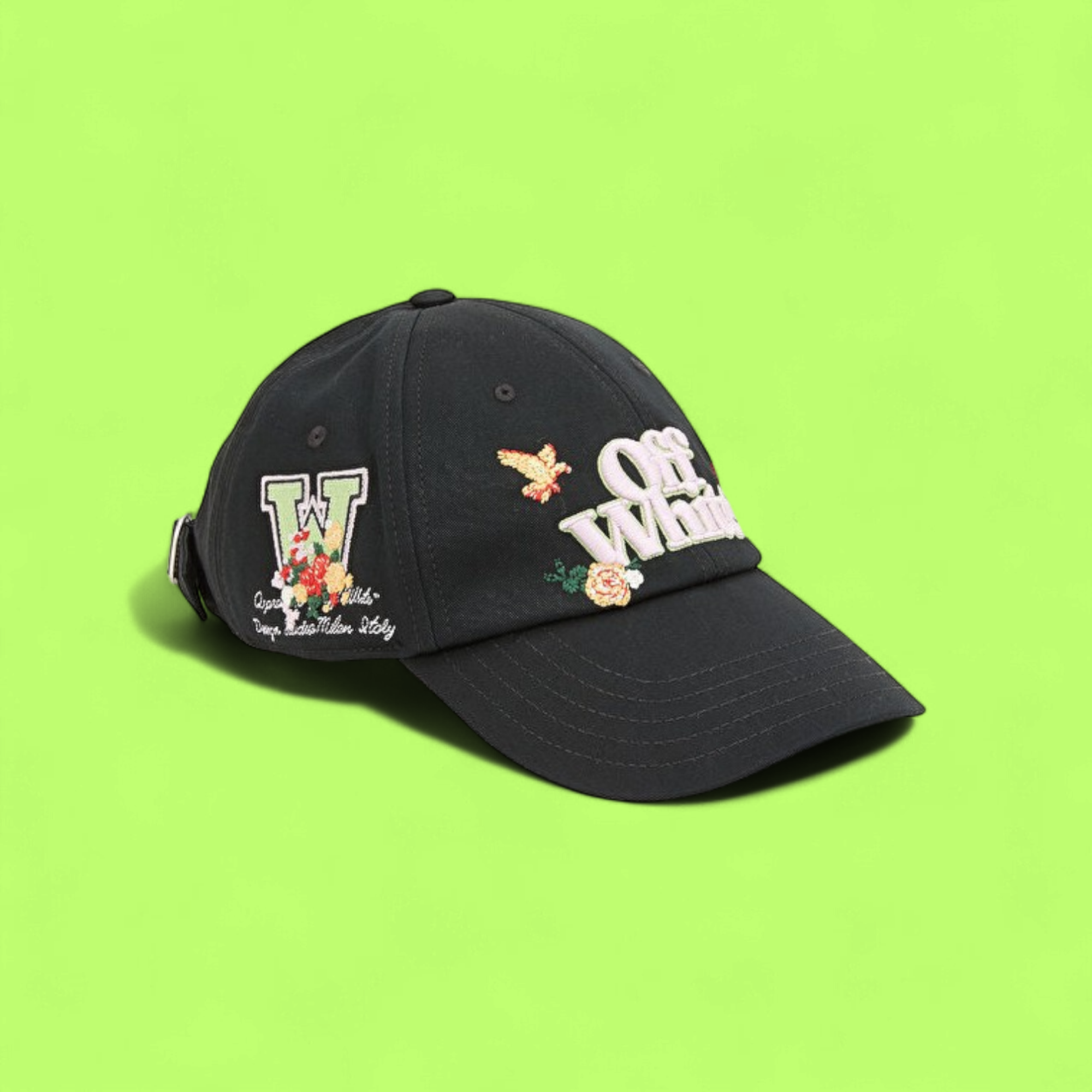 OFF-WHITE BLACK CAP WITH FLORAL AND BUTTERFLY EMBROIDERY