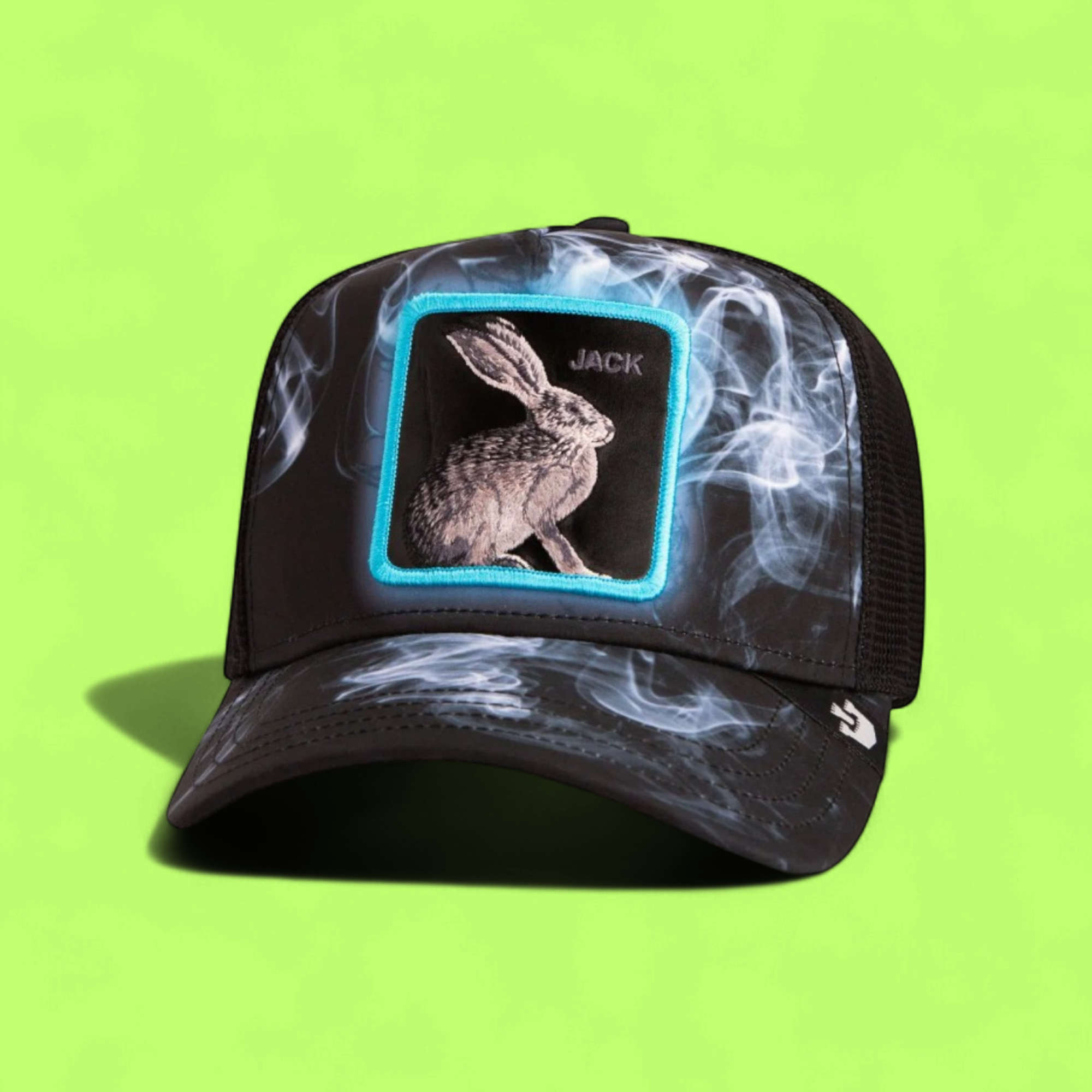 JACK RABBIT BLACK TRUCKER HAT WITH SMOKE EFFECT DESIGN