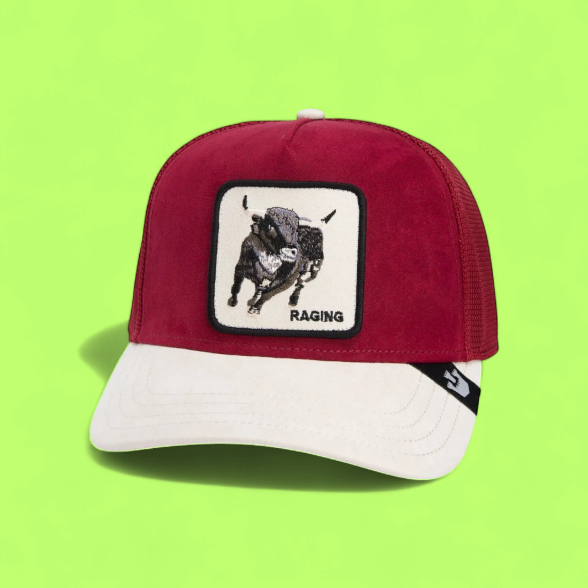 RAGING BULL RED AND WHITE TRUCKER HAT WITH EMBROIDERED PATCH
