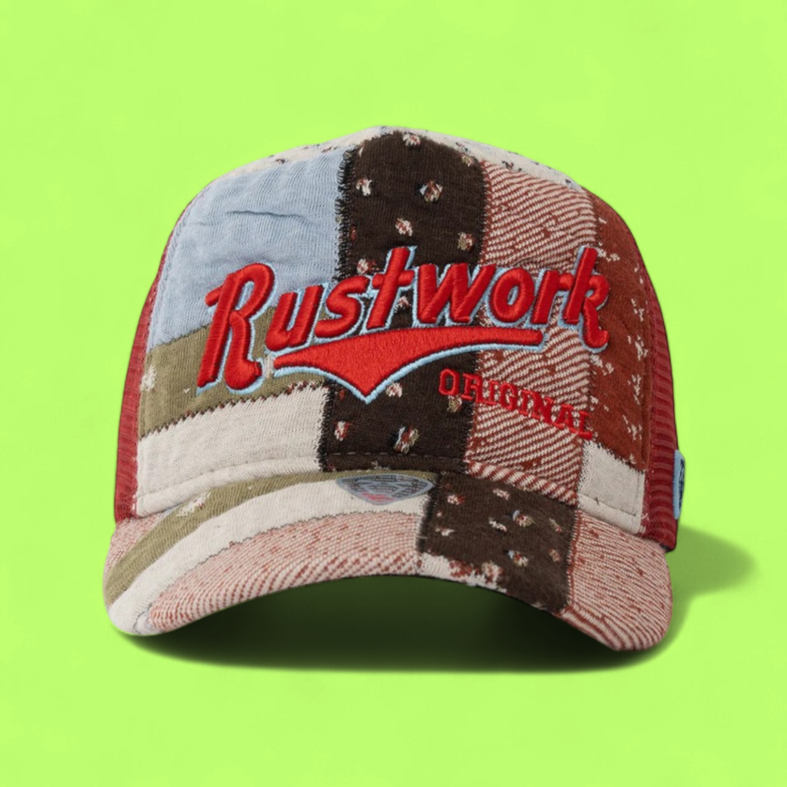 PATCHWORK TRUCKER CAP WITH RED EMBROIDERY AND MESH BACK
