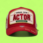 RED ACTOR TRUCKER CAP WITH ALL EYES ON ME EMBROIDERY