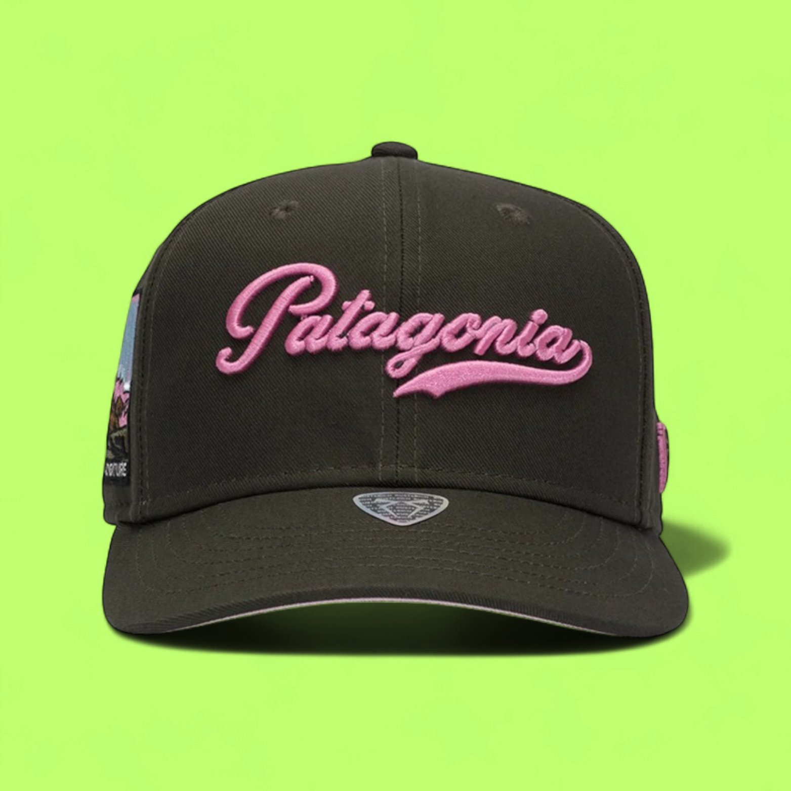 DARK BROWN BASEBALL CAP WITH PINK PATAGONIA EMBROIDERY